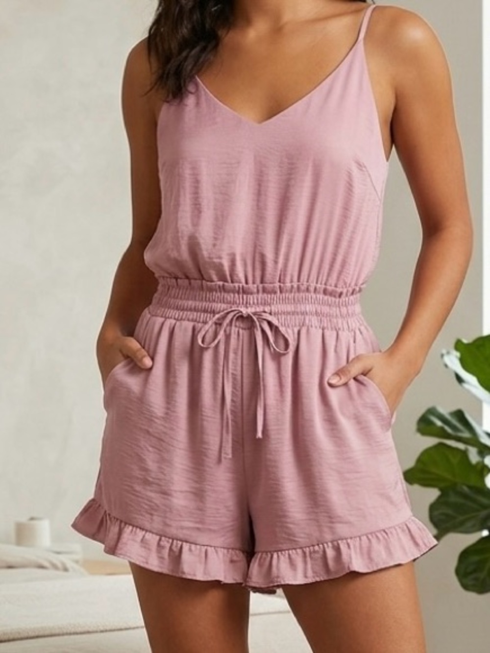 She + Sky Pink Drawstring Ruffle Romper Size S Elastic Waist – Summer
